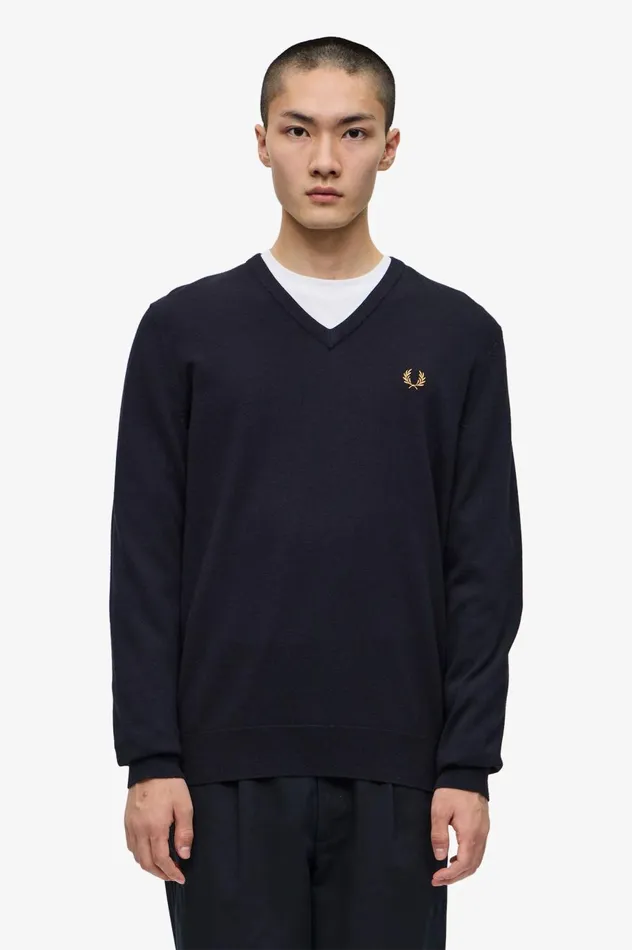 Men Classic VNeck Jumper Navy Fred Perry Knitwear