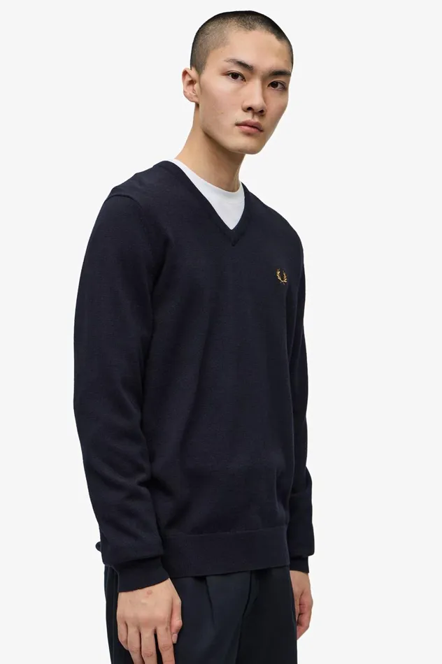 Men Classic VNeck Jumper Navy Fred Perry Knitwear