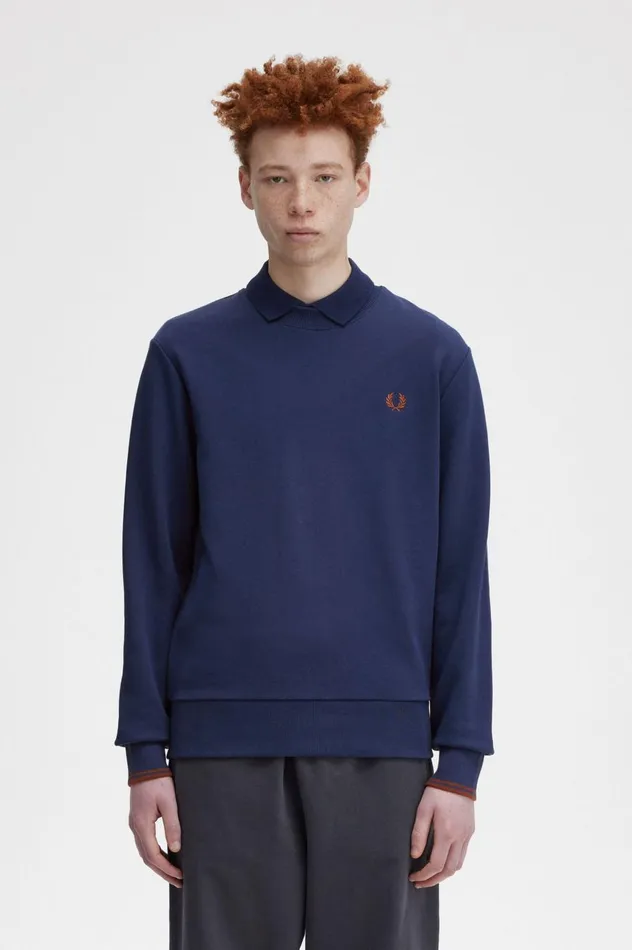 Men Crew Neck Sweatshirt French Navywhisky Brown Fred Perry Sweatshirts