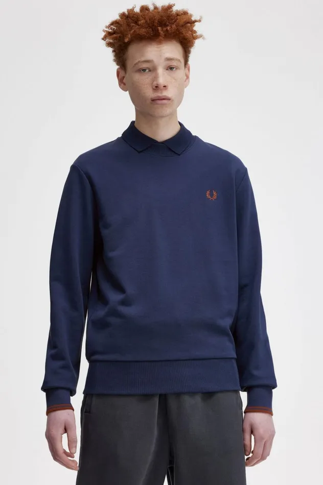 Men Crew Neck Sweatshirt French Navywhisky Brown Fred Perry Sweatshirts