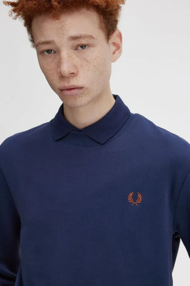 Men Crew Neck Sweatshirt French Navywhisky Brown Fred Perry Sweatshirts