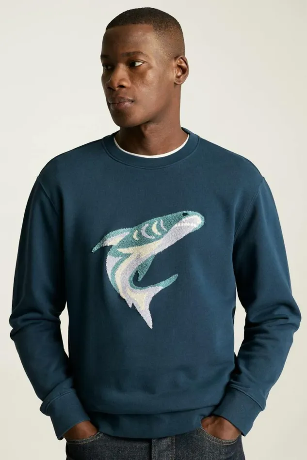 Men Critter French Terry Crew Blue Shark Snack Attack Bonobos Crew and VNeck Sweaters
