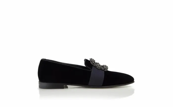 Men Dark Blue Velvet Jewelled Buckle Loafers Manolo Blahnik Loafers