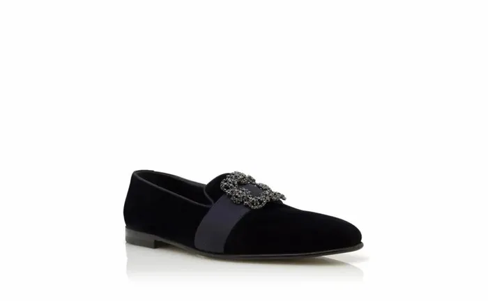 Men Dark Blue Velvet Jewelled Buckle Loafers Manolo Blahnik Loafers