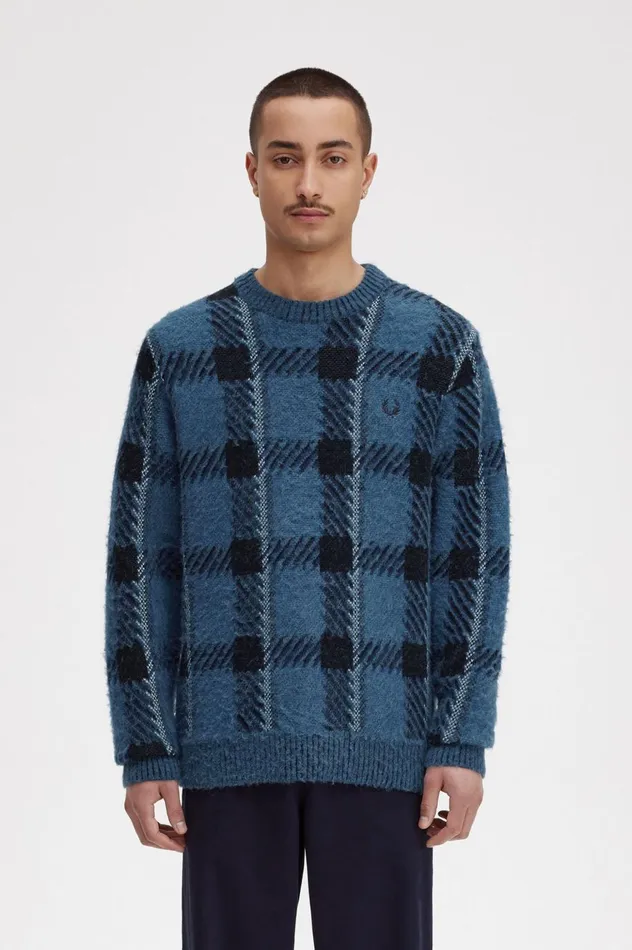 Men Glitch Tartan Jumper Midnight Blue Fred Perry Knitwear