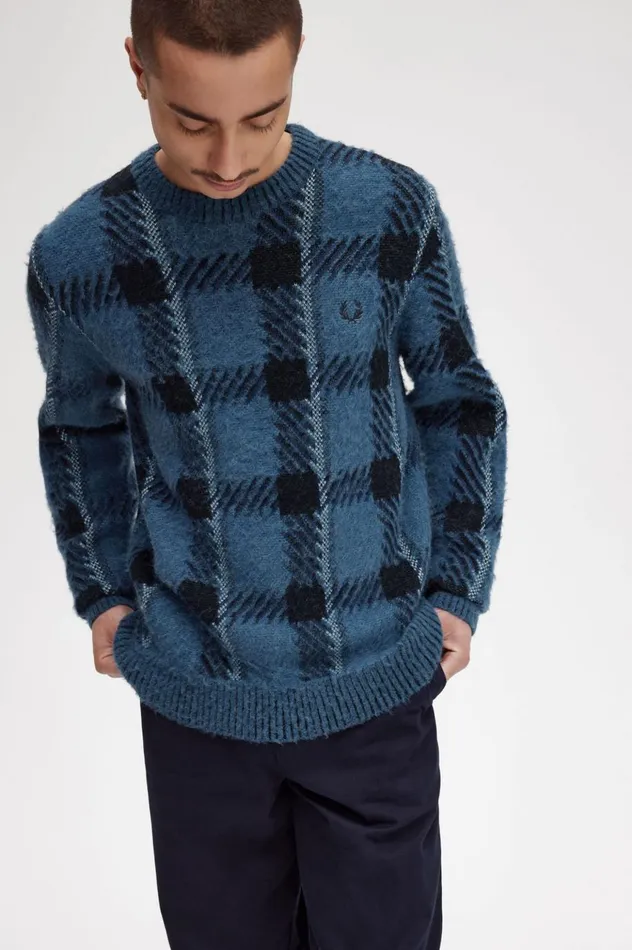 Men Glitch Tartan Jumper Midnight Blue Fred Perry Knitwear