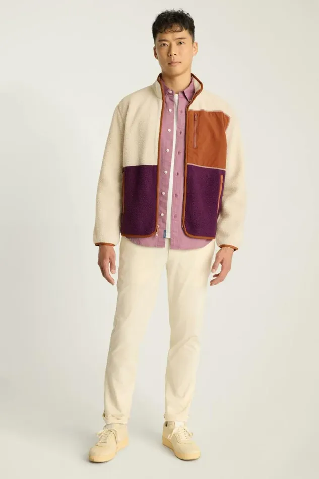 Men High Pile Fleece Jacket Cream Plum Color Block Bonobos Half and FullZips