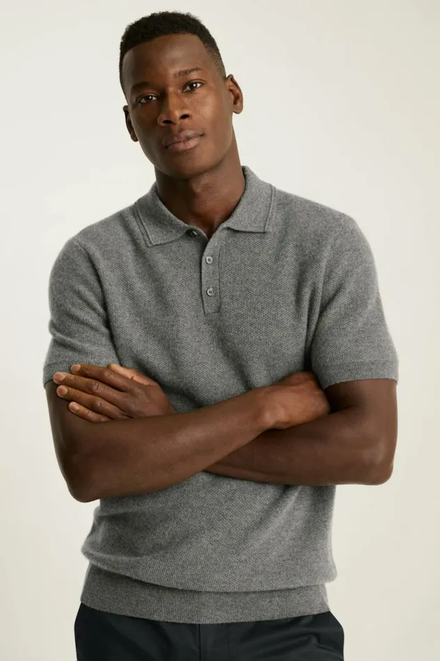 Men Hudson Cashmere Sweater Polo Gray Honeycomb Bonobos Seasonal Sweaters
