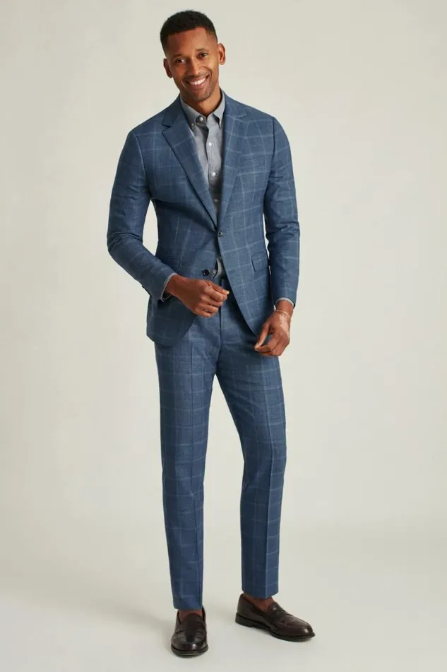 Men Jetsetter Wool Blazer Mid Blue Windowpane Bonobos Blazers and Sport Coats