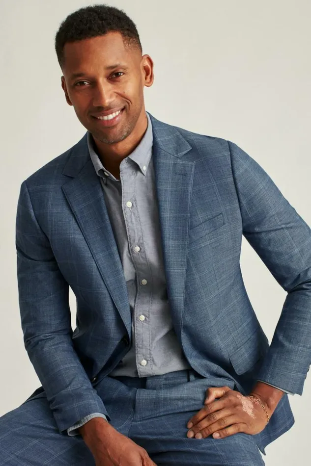 Men Jetsetter Wool Blazer Mid Blue Windowpane Bonobos Blazers and Sport Coats