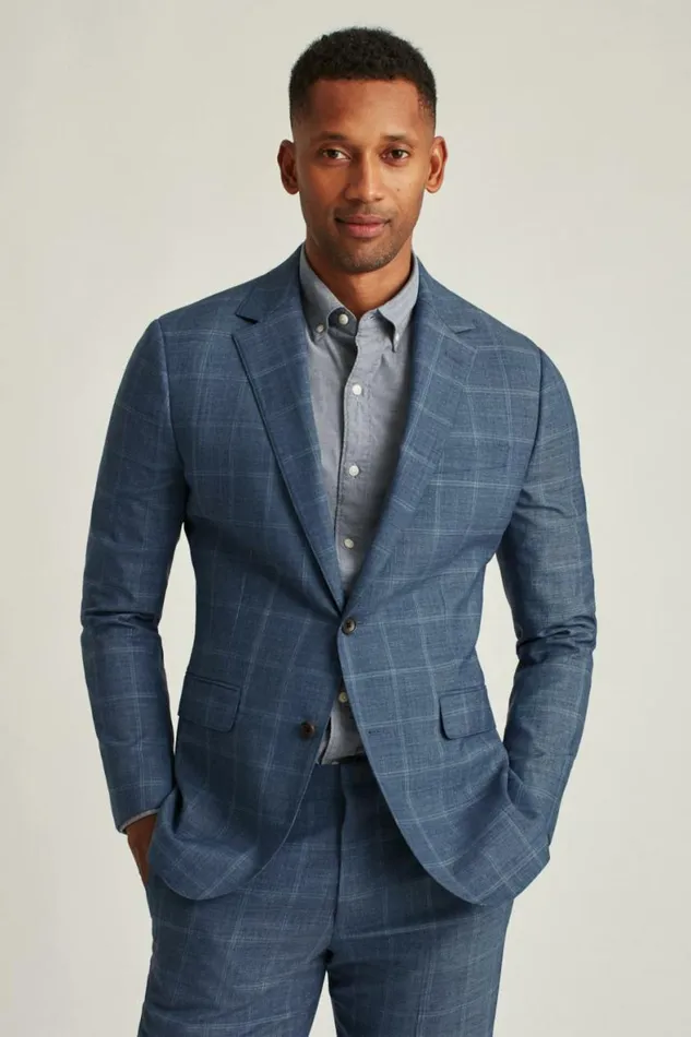 Men Jetsetter Wool Blazer Mid Blue Windowpane Bonobos Blazers and Sport Coats