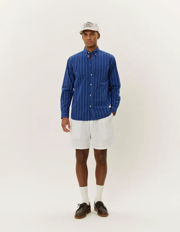 Men Kent Stripe Peached Poplin Shirt 8211 BlueprintWhite Les Deux ShirtsOvershirts