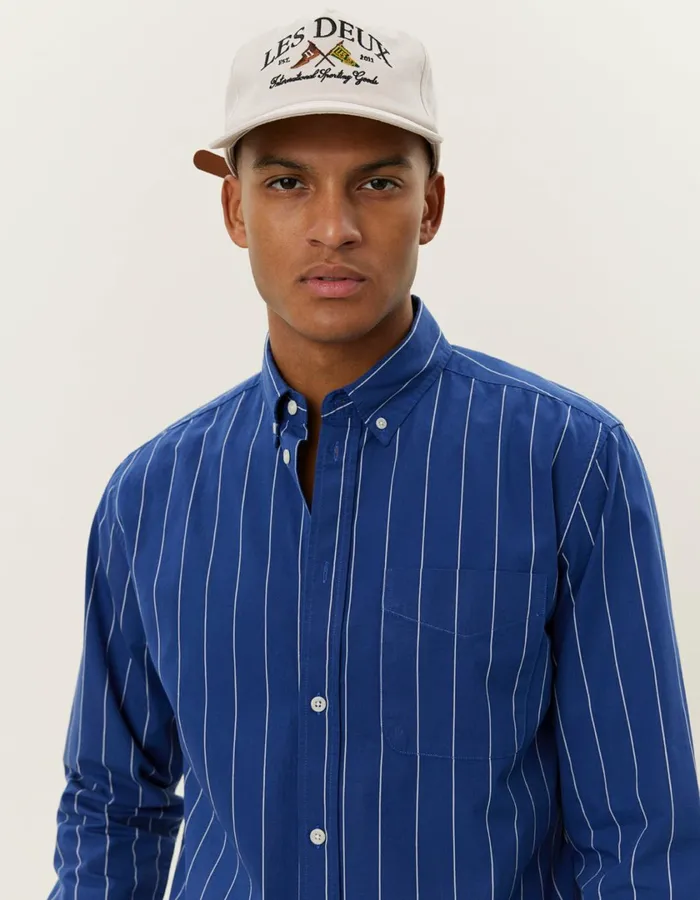 Men Kent Stripe Peached Poplin Shirt 8211 BlueprintWhite Les Deux ShirtsOvershirts