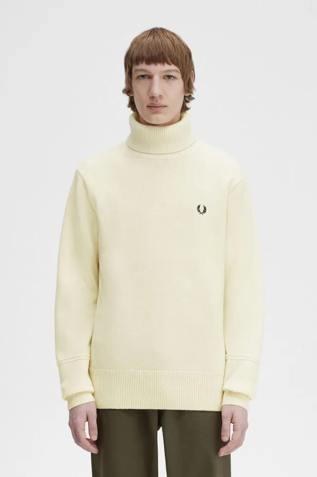 Men Knitted Roll Neck Jumper Ecru Fred Perry Knitwear