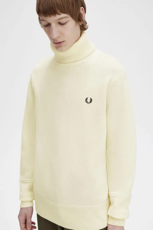 Men Knitted Roll Neck Jumper Ecru Fred Perry Knitwear