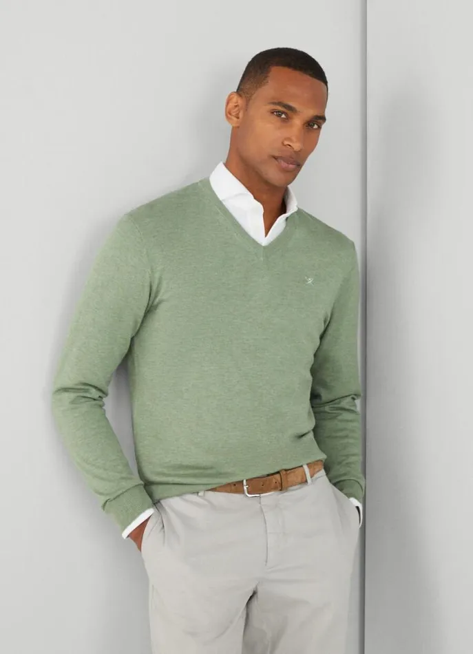 Men Knitwear Hackett London Cotton And Silk VNeck Jumper Sea Green