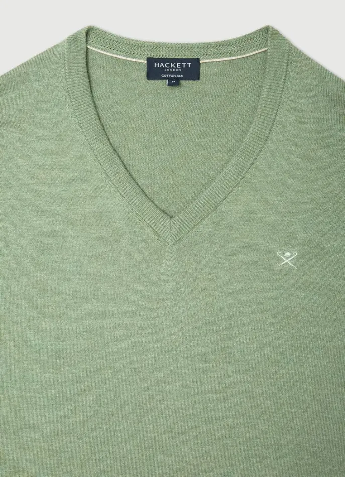 Men Knitwear Hackett London Cotton And Silk VNeck Jumper Sea Green