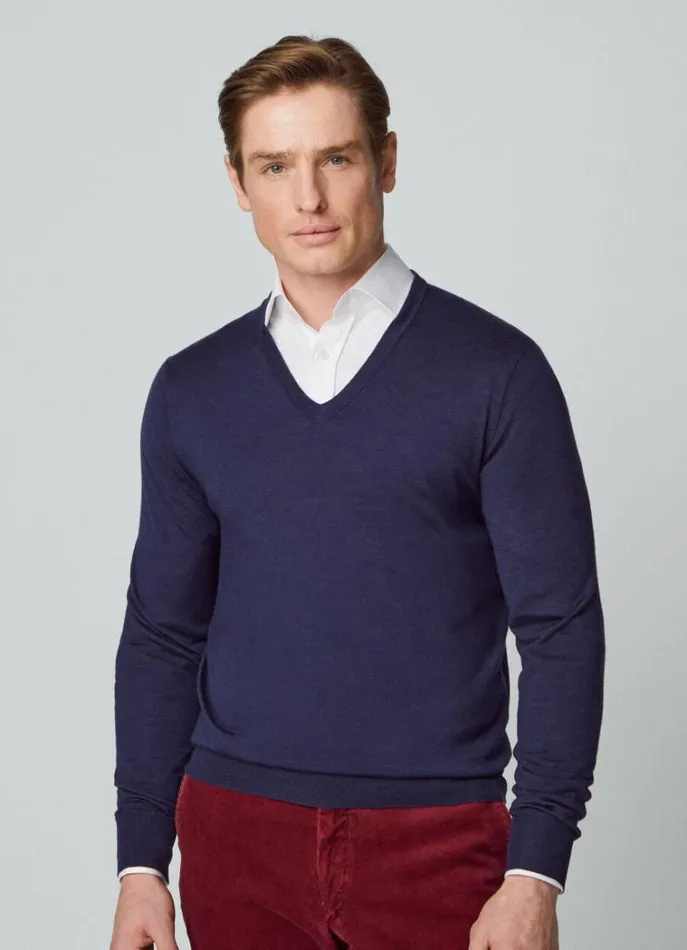 Men Knitwear Hackett London Merino Wool VNeck Jumper Navy
