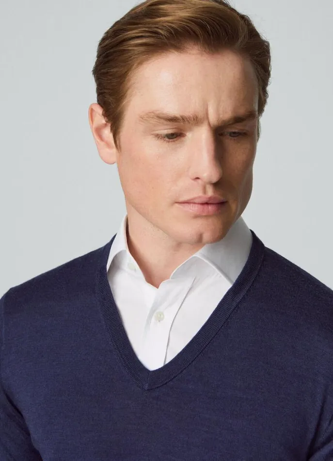 Men Knitwear Hackett London Merino Wool VNeck Jumper Navy