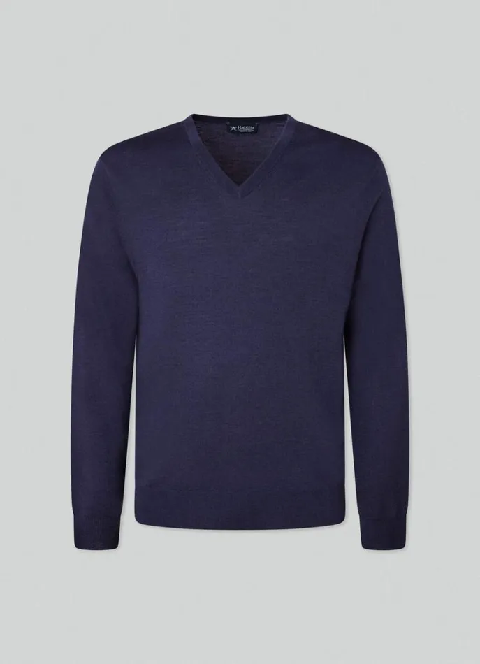 Men Knitwear Hackett London Merino Wool VNeck Jumper Navy