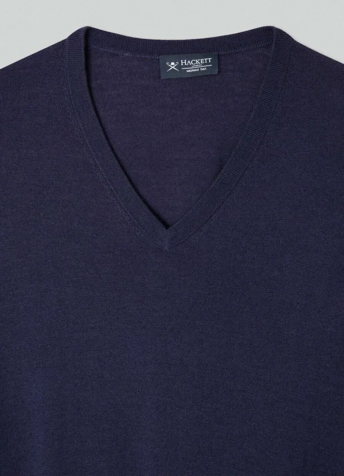 Men Knitwear Hackett London Merino Wool VNeck Jumper Navy