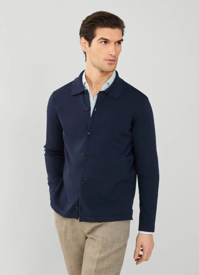 Men Knitwear Hackett London Overshirt With Stand Collar Navy