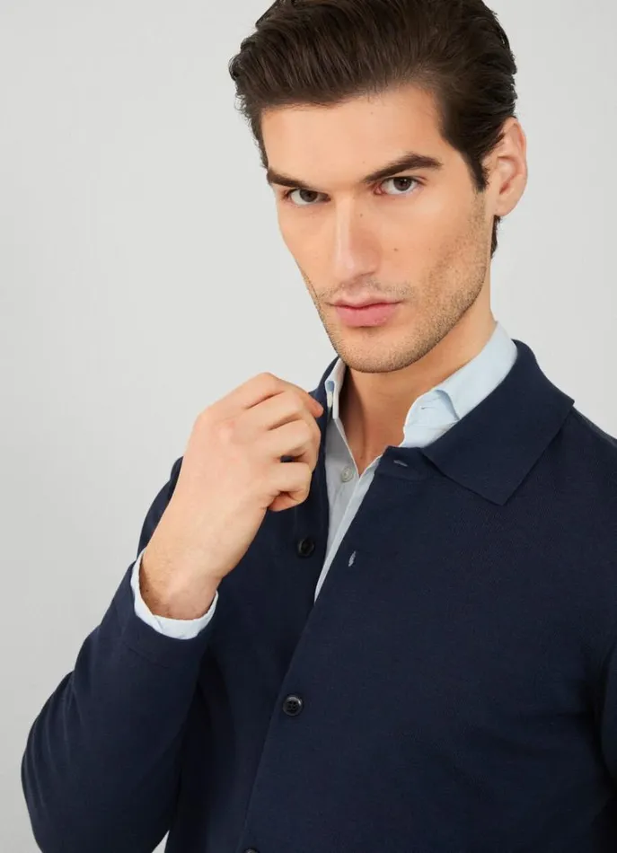 Men Knitwear Hackett London Overshirt With Stand Collar Navy