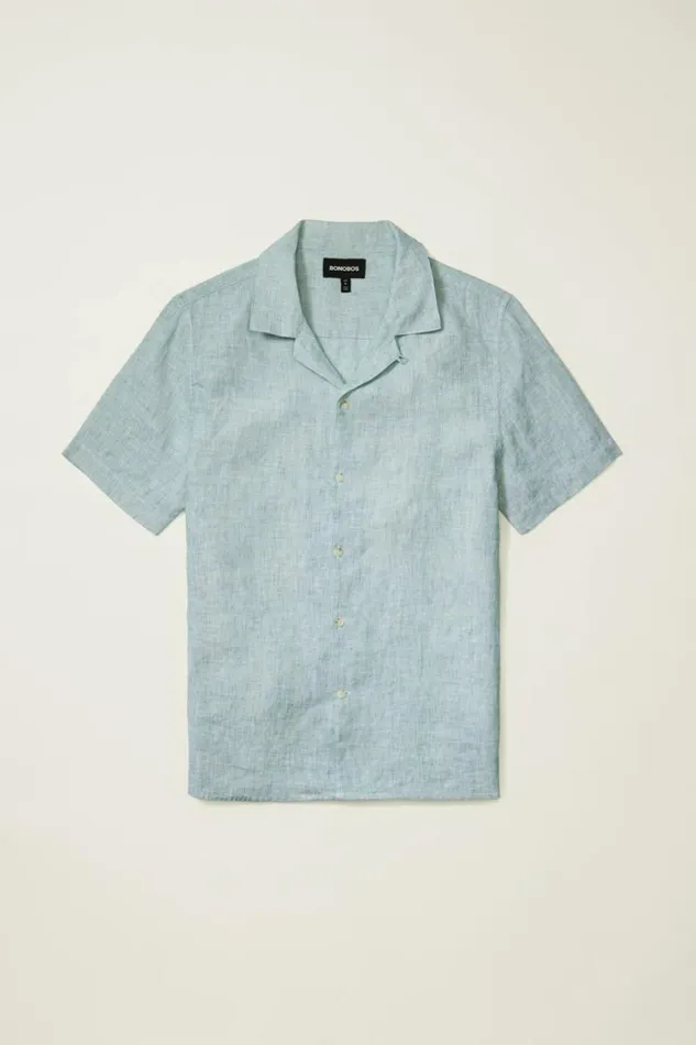 Men Linen Riviera Cabana Shirt Bayou Green Linen Bonobos Short Sleeve Shirts