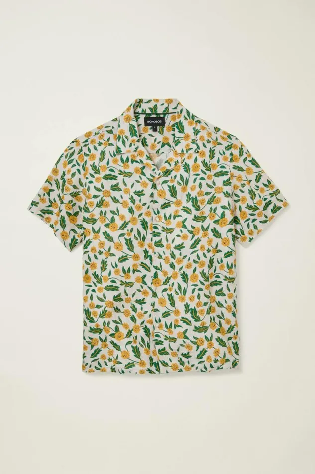 Men Linen Riviera Cabana Shirt Wild Dandelions Bonobos Short Sleeve Shirts