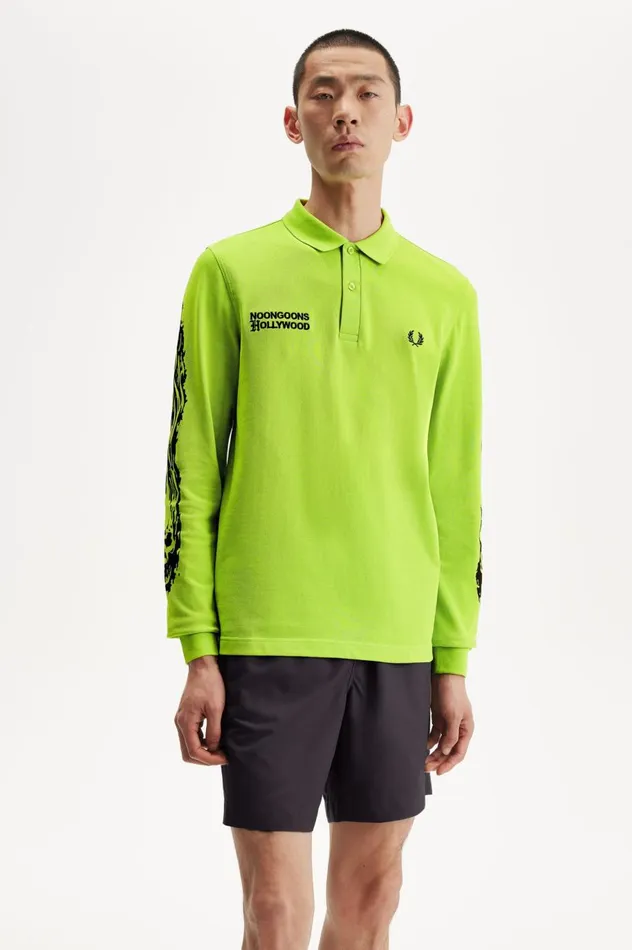 Men Noon GoonsNoongoons Long Sleeve Graphic Polo Shirt Lime Green Fred Perry Polo Shirts