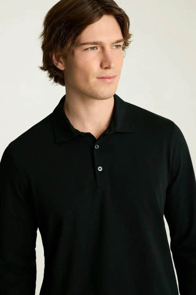 Men Organic Cotton Long Sleeve Polo Black Bonobos Polos
