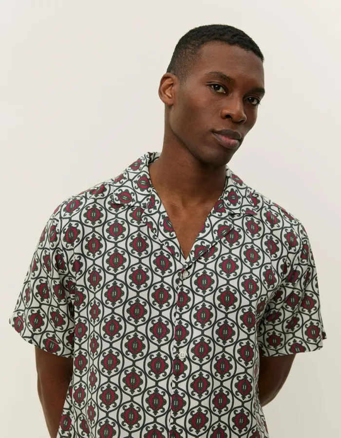 Men Ornament Tencel SS Shirt 8211 IvoryChive Green Les Deux ShirtsOvershirts