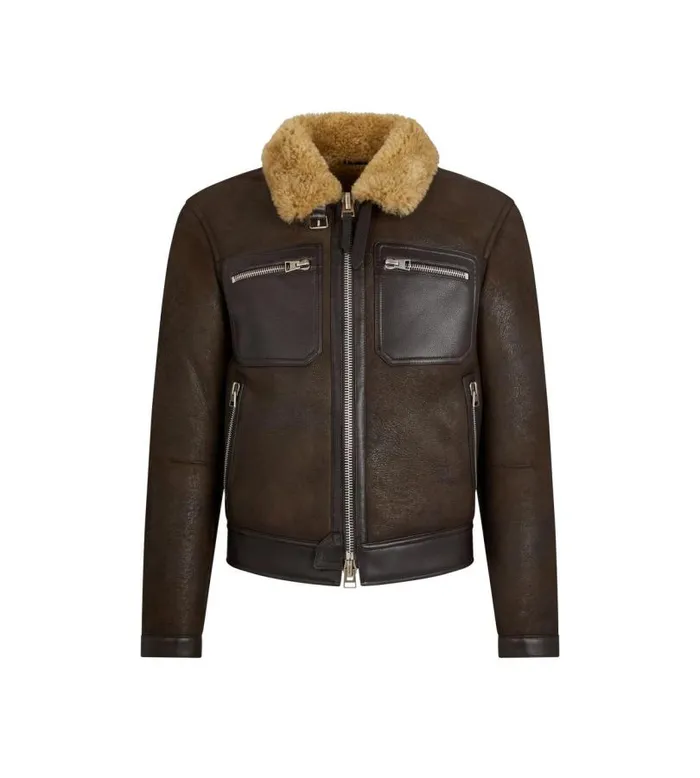 Men Outerwear Tom Ford Crackled Shearling Zip Blouson Brown