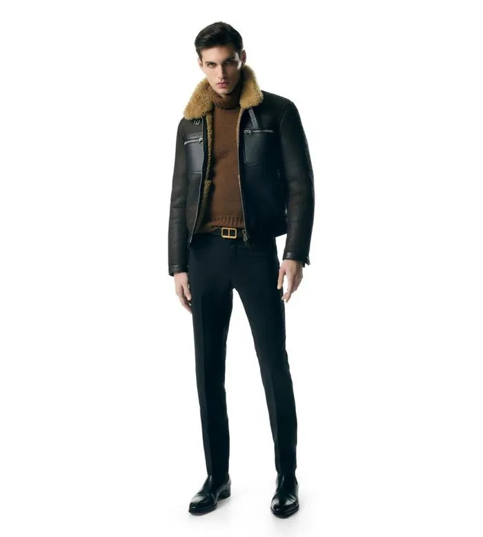 Men Outerwear Tom Ford Crackled Shearling Zip Blouson Brown Men Outerwear Tom Ford Crackled Shearling Zip Blouson Brown