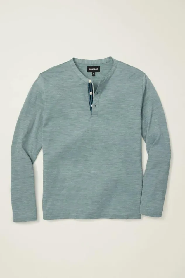 Men Performance Merino Long Sleeve Henley Steel Blue Bonobos Henleys