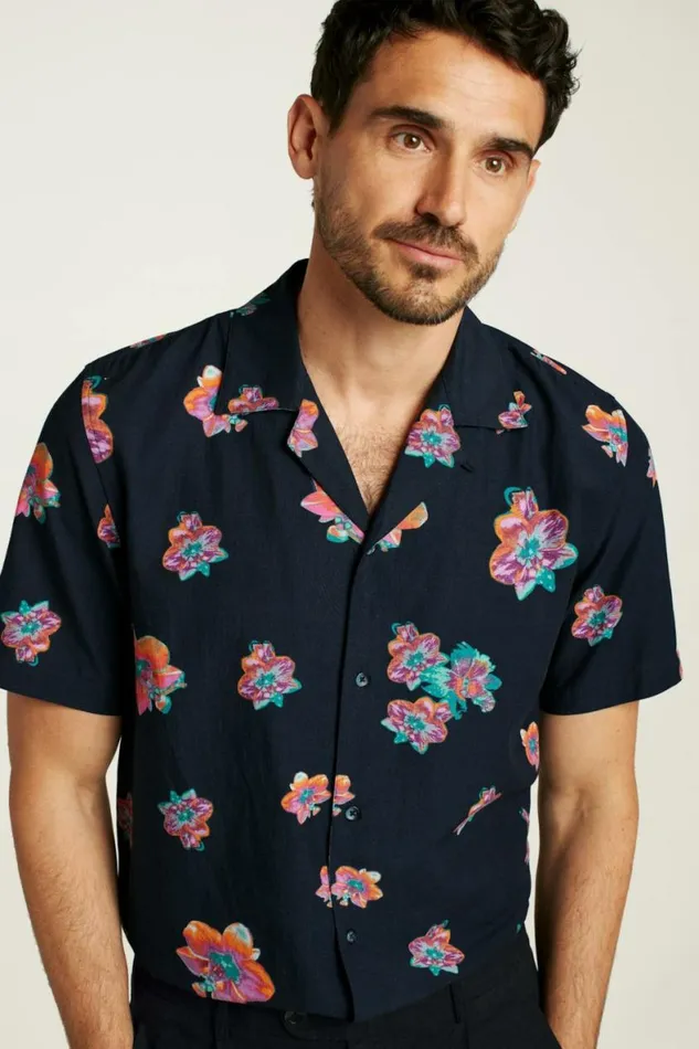 Men Riviera Cabana Shirt Navy Macro Floral Bonobos Short Sleeve Shirts