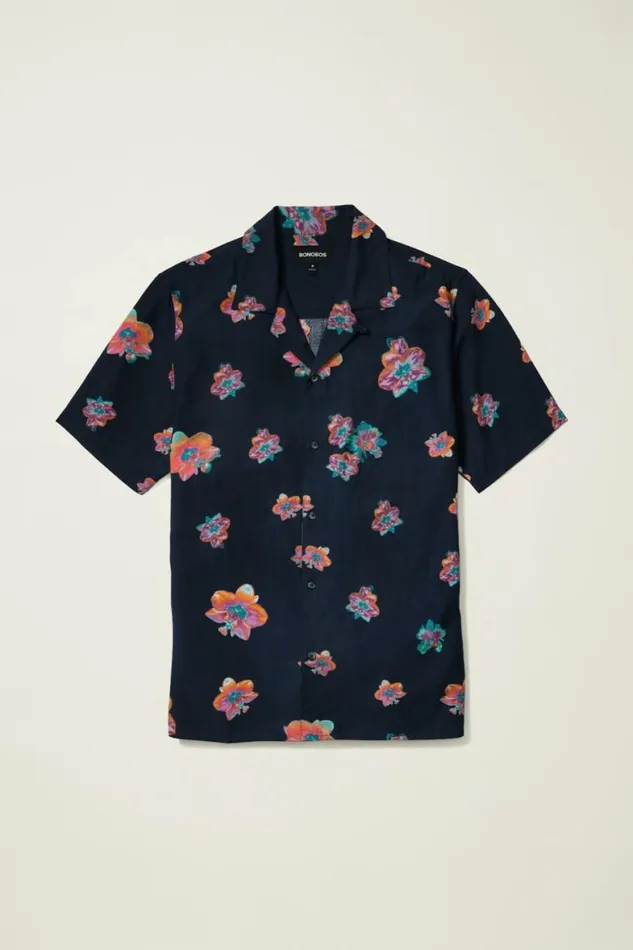 Men Riviera Cabana Shirt Navy Macro Floral Bonobos Short Sleeve Shirts