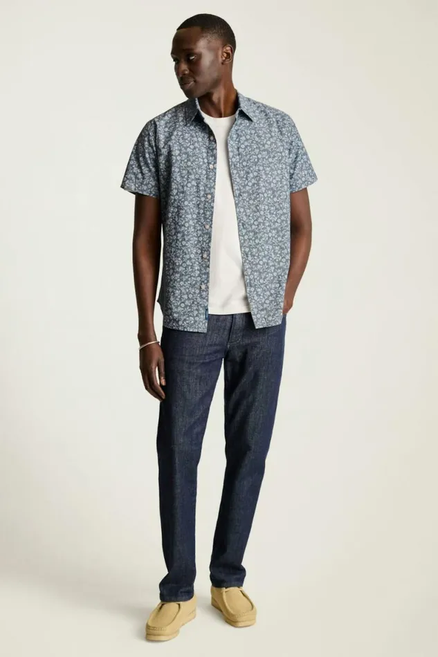 Men Riviera Short Sleeve Shirt Chambray Blue Floral Bonobos Casual Shirts