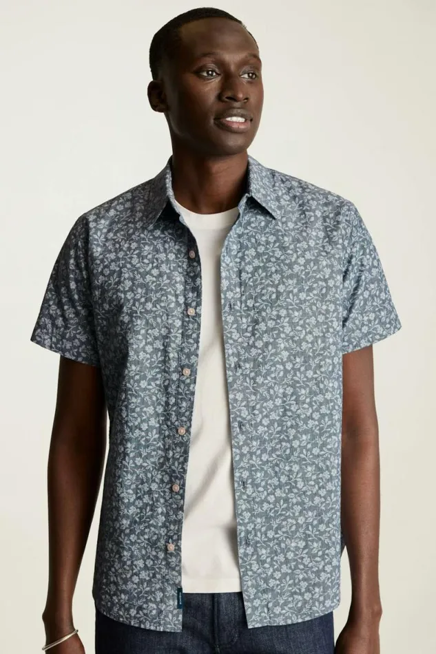 Men Riviera Short Sleeve Shirt Chambray Blue Floral Bonobos Casual Shirts