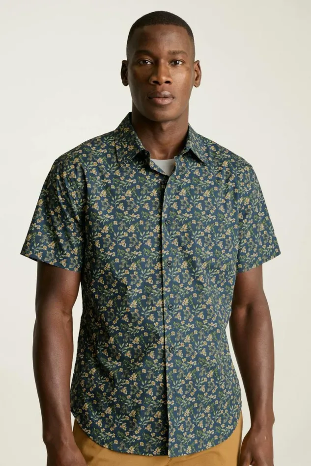 Men Riviera Short Sleeve Shirt Navy Daylight Floral Bonobos Casual Shirts