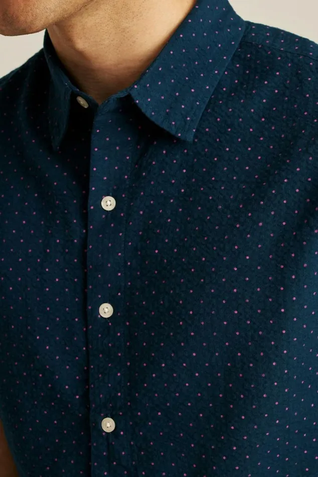 Men Riviera Short Sleeve Shirt Navy Pink Seersucker Dot Bonobos Short Sleeve Shirts