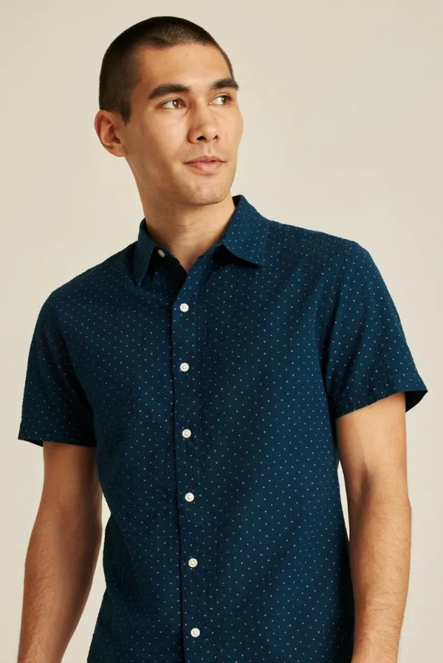 Men Riviera Short Sleeve Shirt Navy Pink Seersucker Dot Bonobos Short Sleeve Shirts