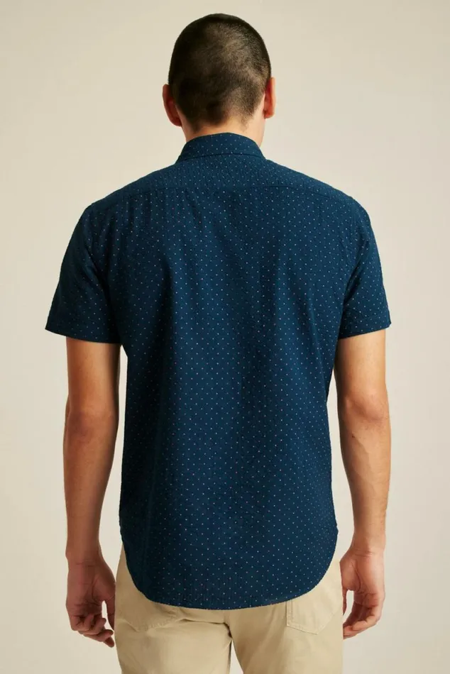 Men Riviera Short Sleeve Shirt Navy Pink Seersucker Dot Bonobos Short Sleeve Shirts