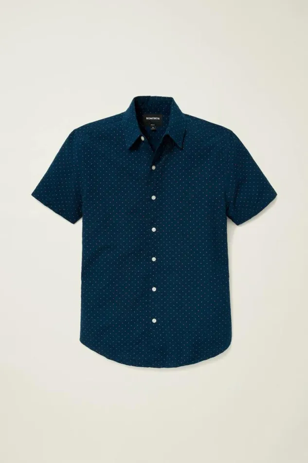 Men Riviera Short Sleeve Shirt Navy Pink Seersucker Dot Bonobos Short Sleeve Shirts