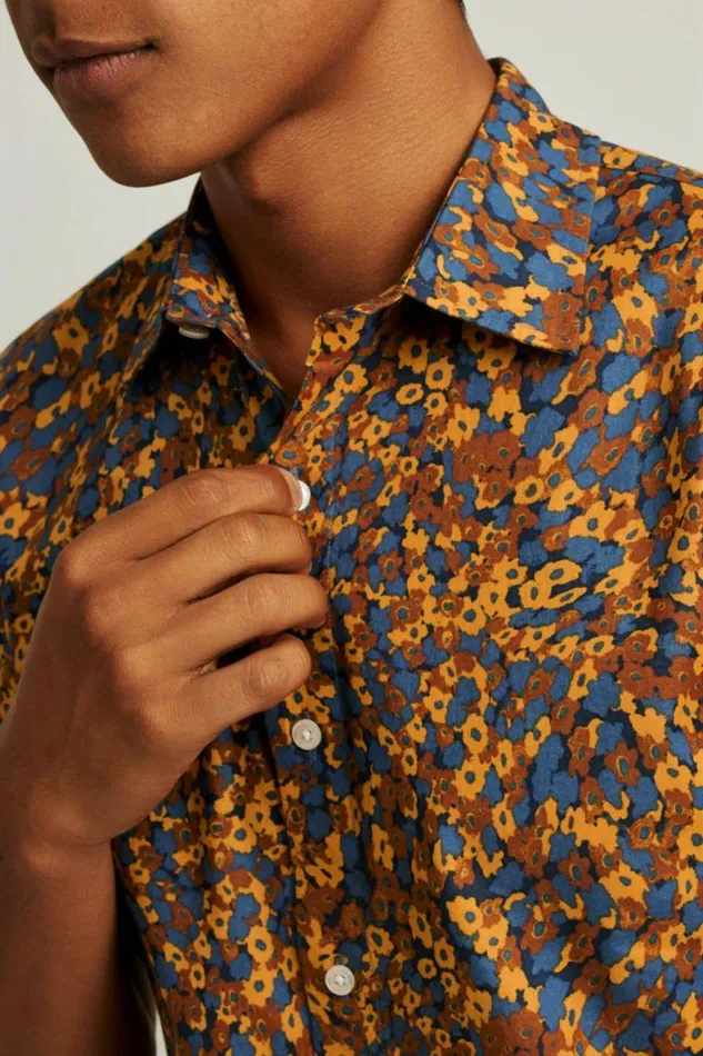 Men Riviera Short Sleeve Shirt Navy Tan Floral Mash Bonobos Short Sleeve Shirts