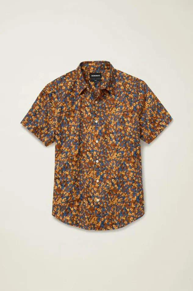 Men Riviera Short Sleeve Shirt Navy Tan Floral Mash Bonobos Short Sleeve Shirts