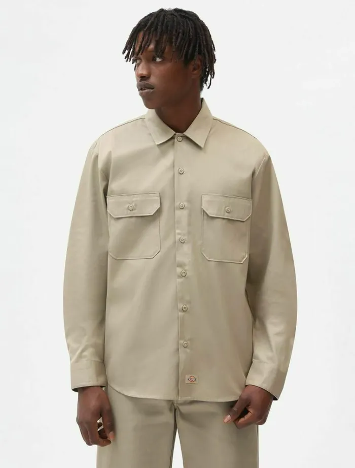 Men Shirts Dickies Long Sleeve Work Shirt Khaki