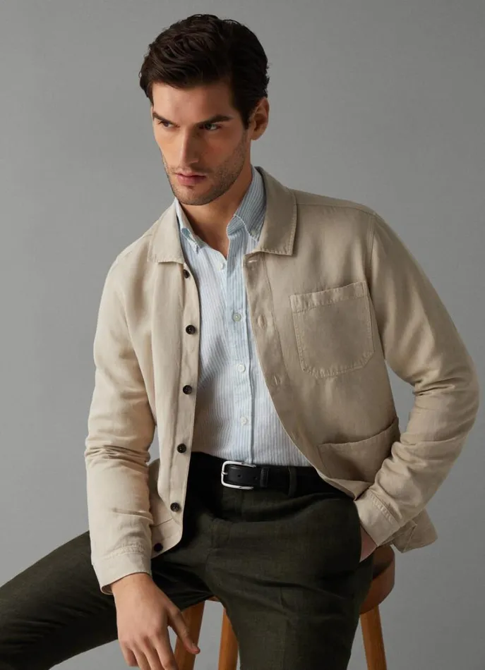 Men Shirts Hackett London Front Pockets Overshirt Beige
