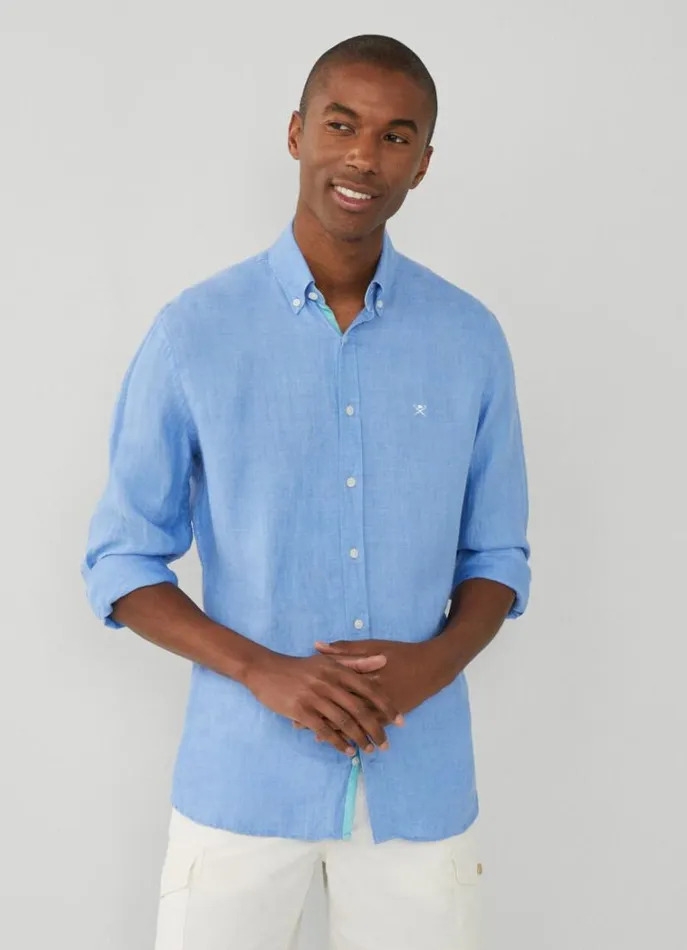 Men Shirts Hackett London Slim Fit Herringbone Shirt Chambray Blue