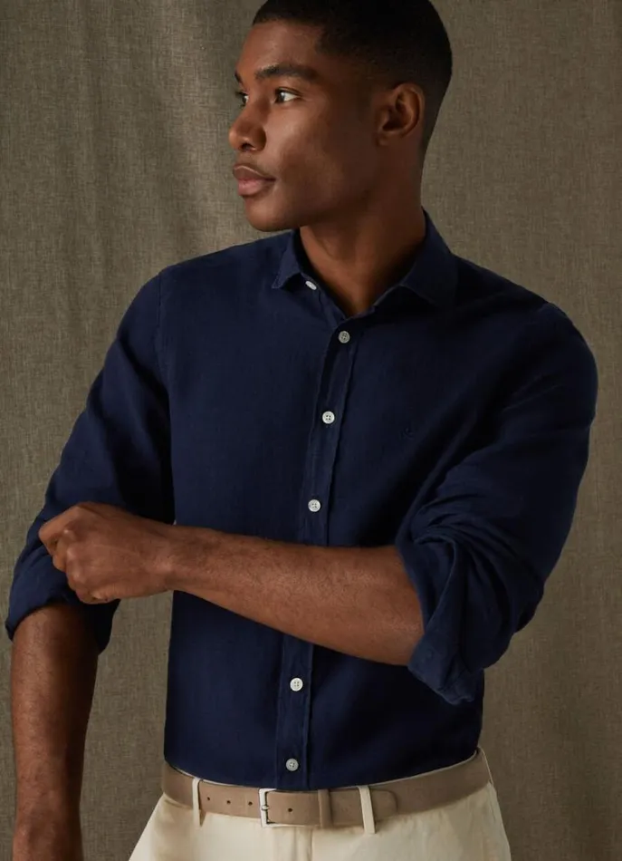 Men Shirts Hackett London Slim Fit Linen Shirt Navy